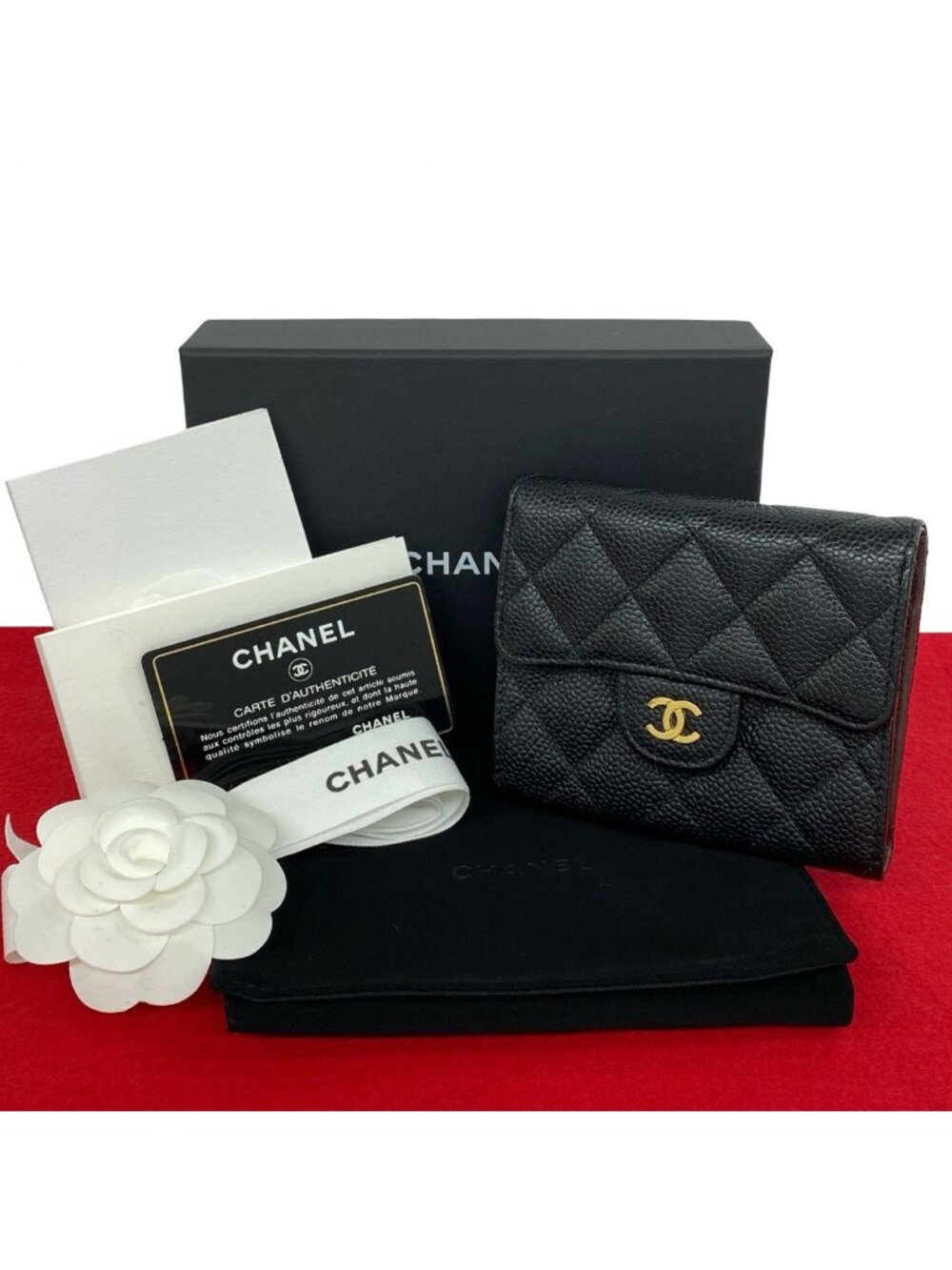 Chanel Box Card with Number 28 Quilted CC Logo Caviar Leather Trifold Wallet